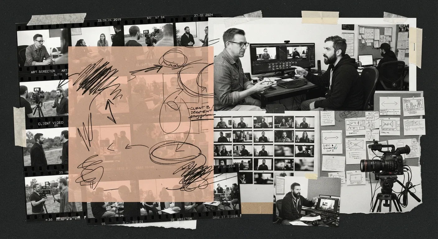 Collage of an agency studio, client video projects, and creative direction notes on peach paper