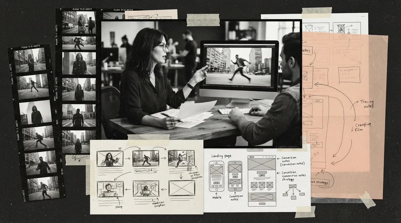 Collage of a marketing team planning a campaign, video stills, and handwritten launch notes