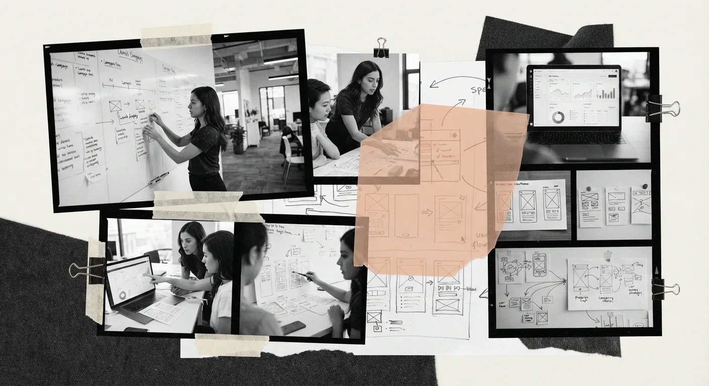 Collage of a product team, interface sketches, and an analytics dashboard, held together with tape