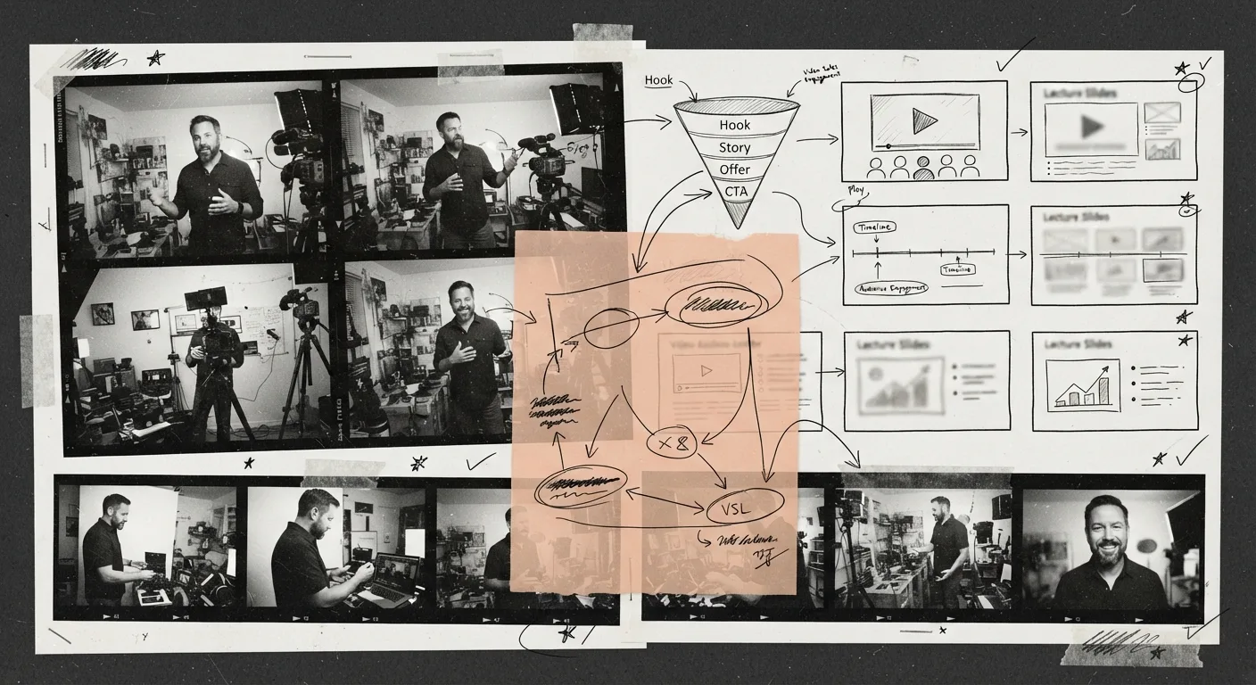 Collage of video creators, a filming setup, and hand-drawn sales funnel notes